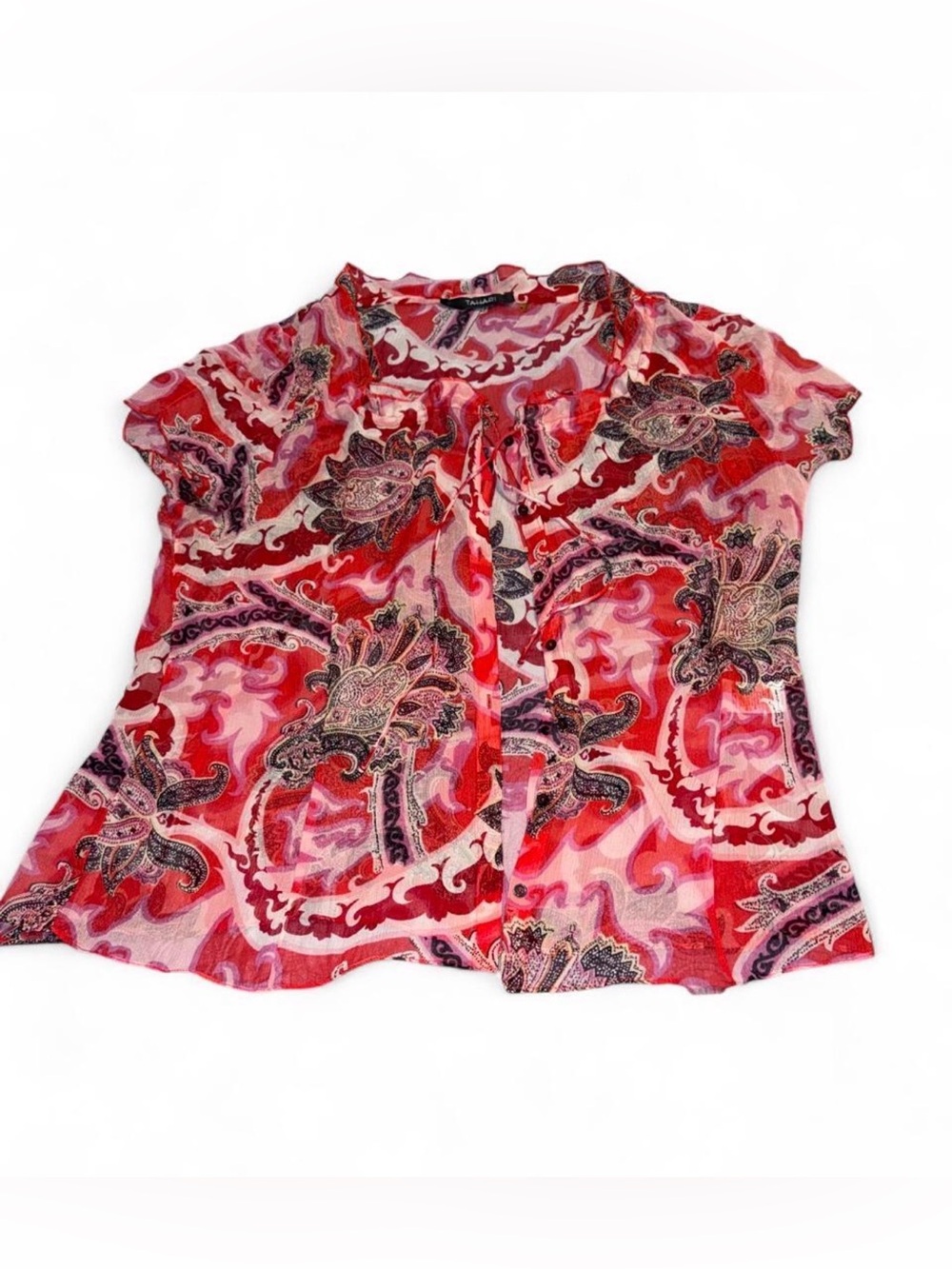 Tahari Pink and Red Paisley Short-Sleeve Blouse